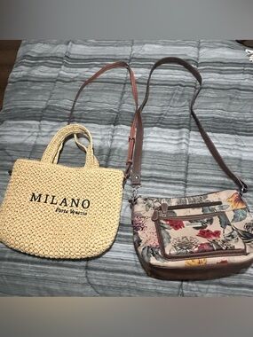 Milano Beige Woven Crossbody & Floral Canvas Shoulder Bag Set